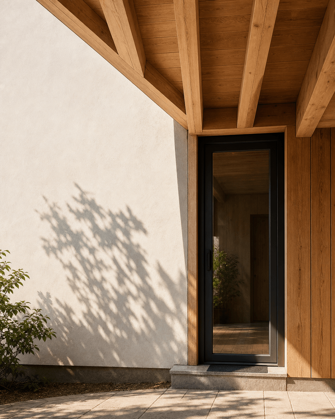 Zeitgenössische Holzarchitektur mit sichtbaren Eichenbalken